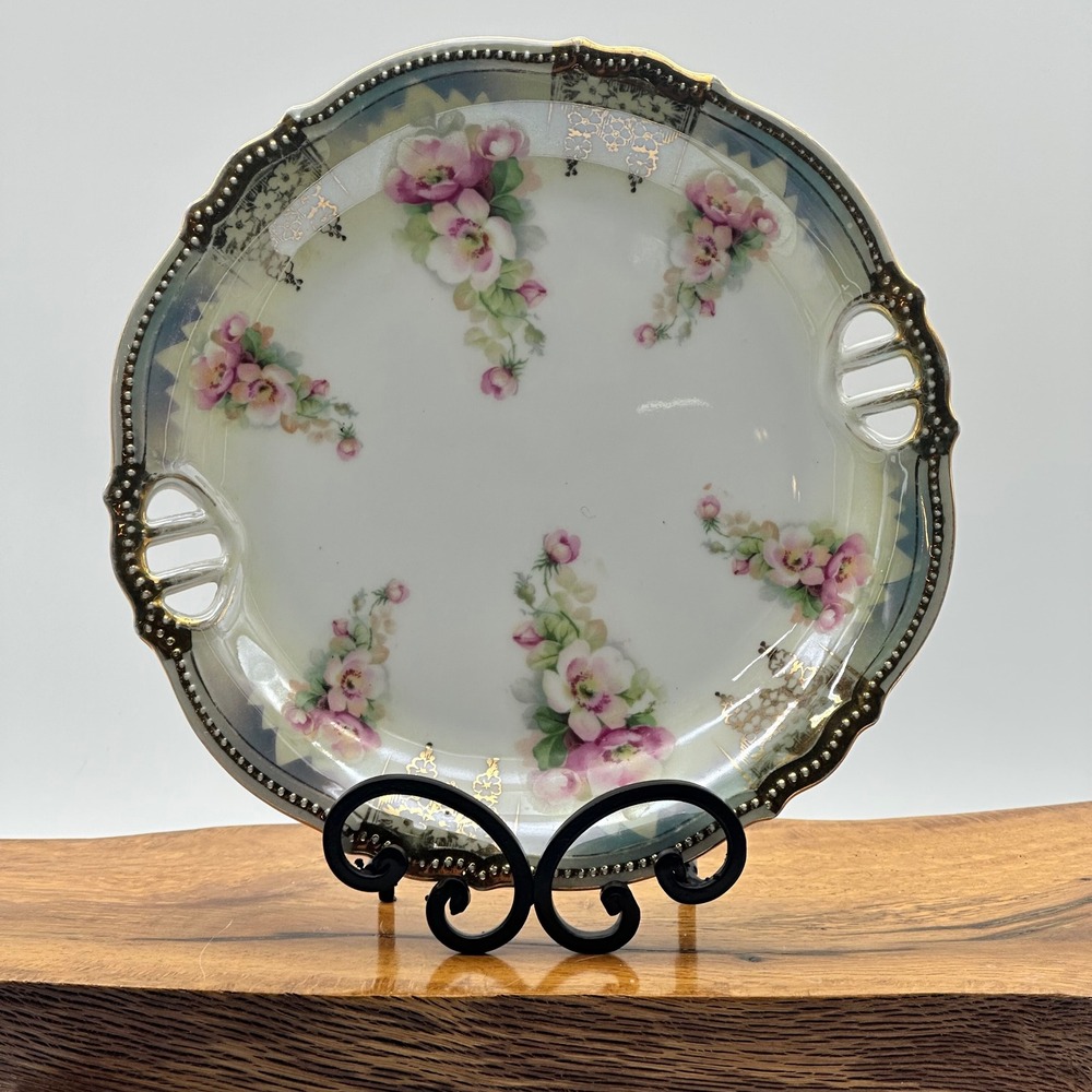 Antique PK Silesia Porcelain Cabinet Plate Pink Blue Floral Gold Pierced Handles